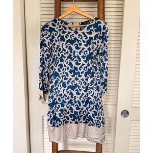 Bebe Blue White Scroll Print Long Sleeve Mini Dress Size M Y2K‎